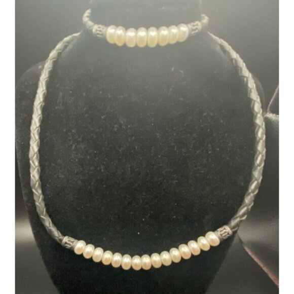 Necklace & Bracelet Set Sterling Silver Freshwater Pearls Braided Black Leather - Picture 2 of 7
